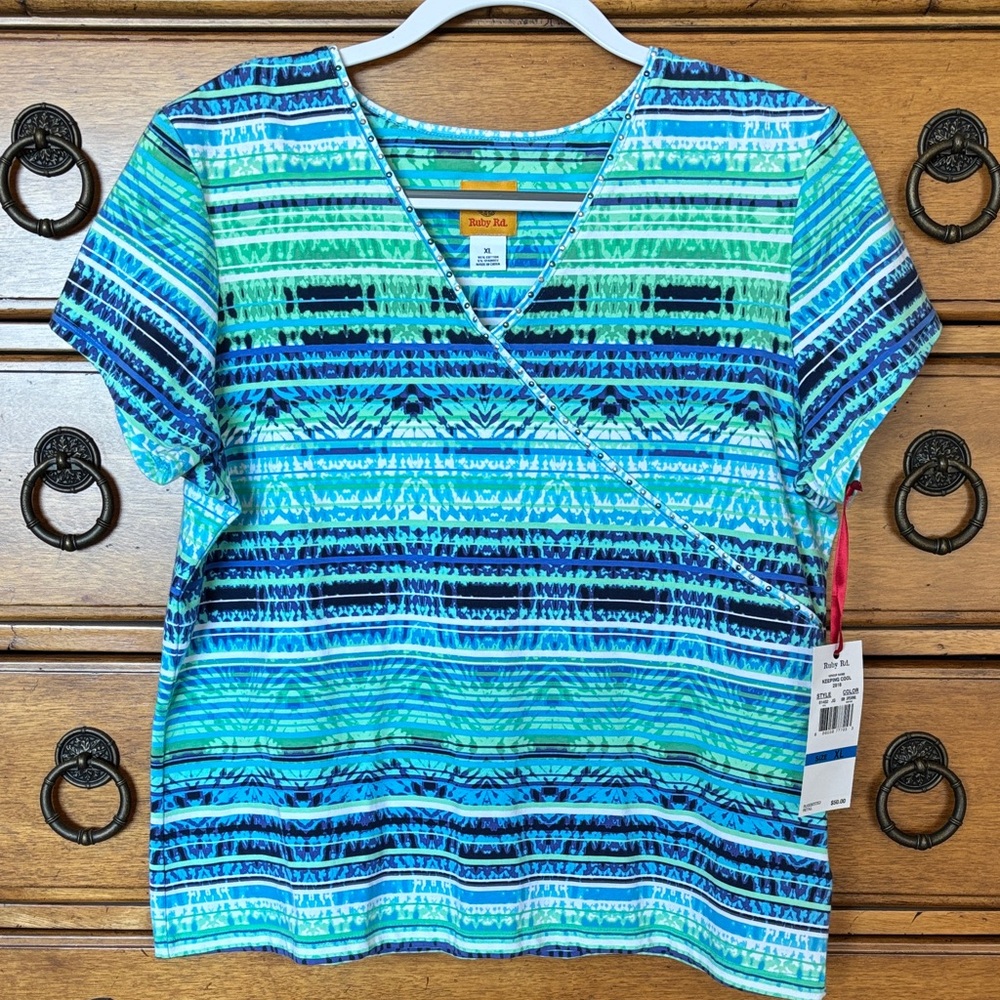 ☀️Rafaella Teal & Blue Striped V-Neck Short Sleeve Top